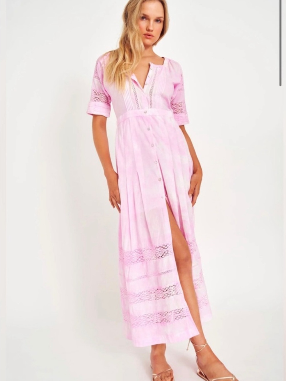 LoveShackFancy Pink Lace-Trim Midi Dress